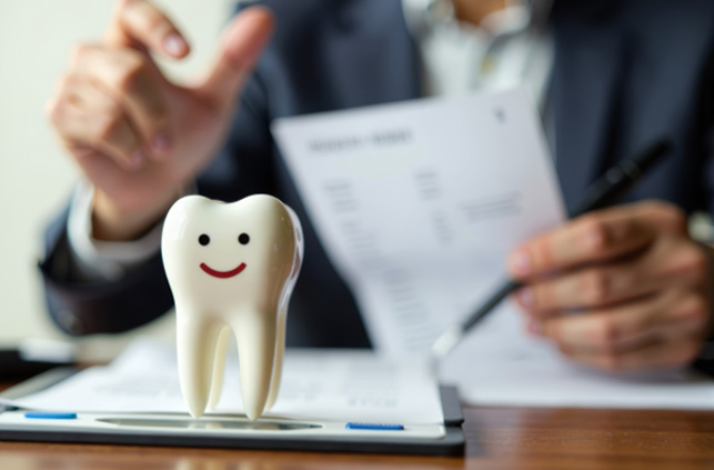 Smiling tooth model sitting on desk, dental team member in the background